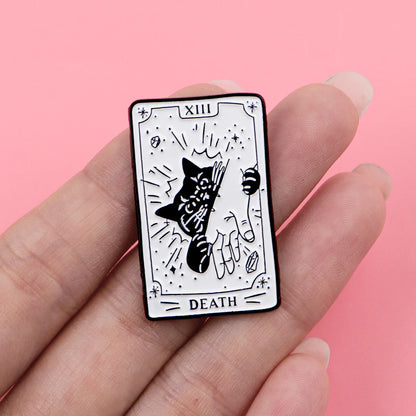 Black Cat Death Tarot Card Style Enamel Pin Badge Brooch