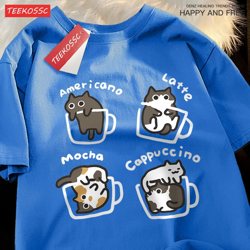 Cat Coffee T-Shirt – Cute Mocha Latte Graphic Tee for Men & Women | Summer Loose Fit Cotton