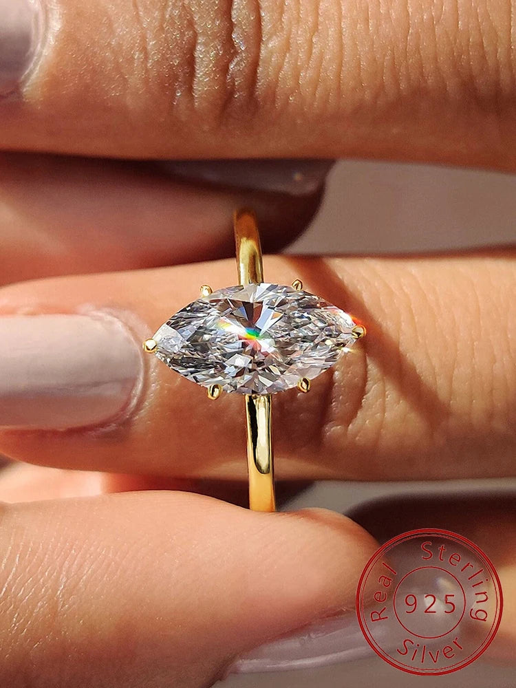 925 Sterling Silver / Golden Ring with Marquise Navette Shape Zircon Gemstone – Womens Elegant Engagement Wedding Promise Band