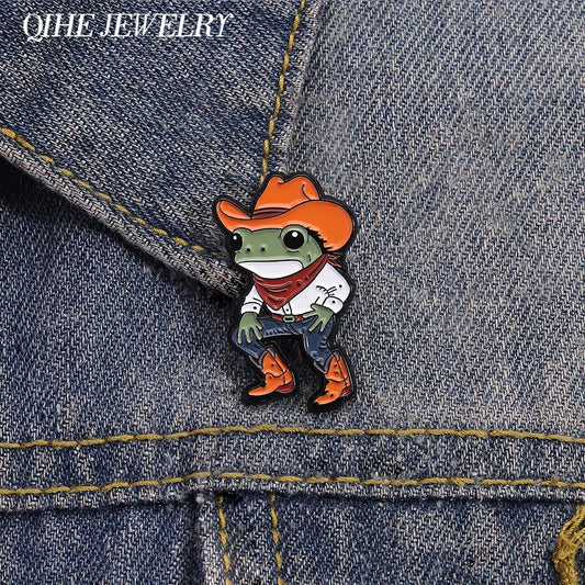 Cartoon Cowboy Frog Enamel Pin Badge Funny Cowboy Hat Boots Brooch Clothes Lapel Animal