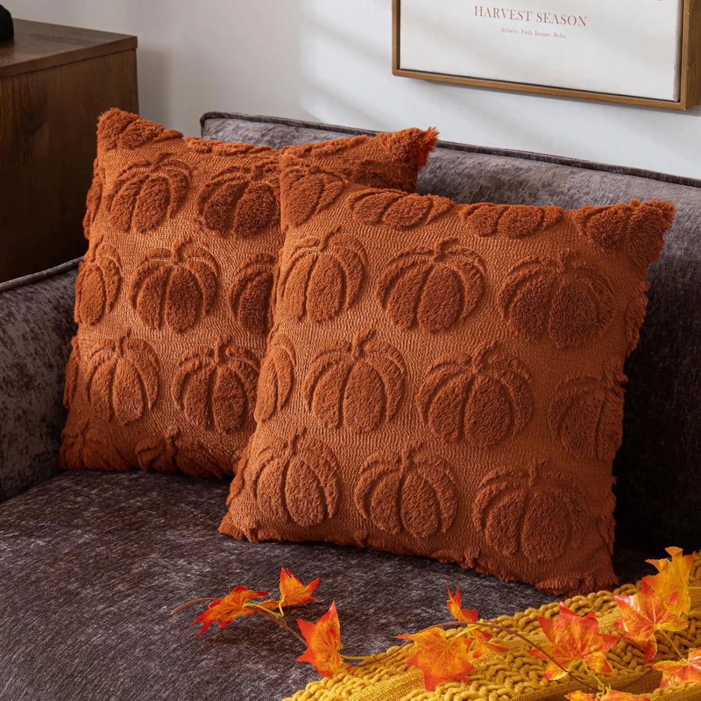 Festive Halloween Throw Pillow Covers 45×45cm – Orange White Brown Pumpkin Soft Plush