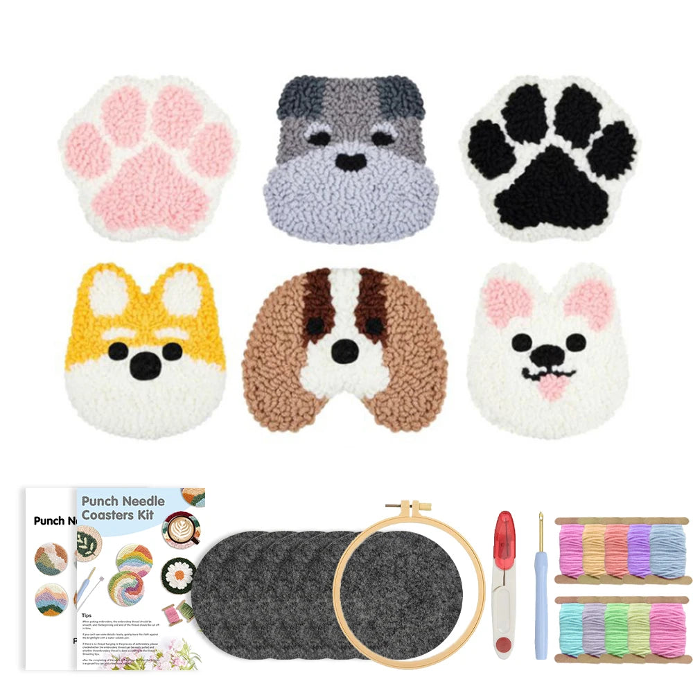 DIY Punch Needle Coaster Set Kit – Make 6 Dog Design Coasters Multiple Design Choice Craft Embroidery