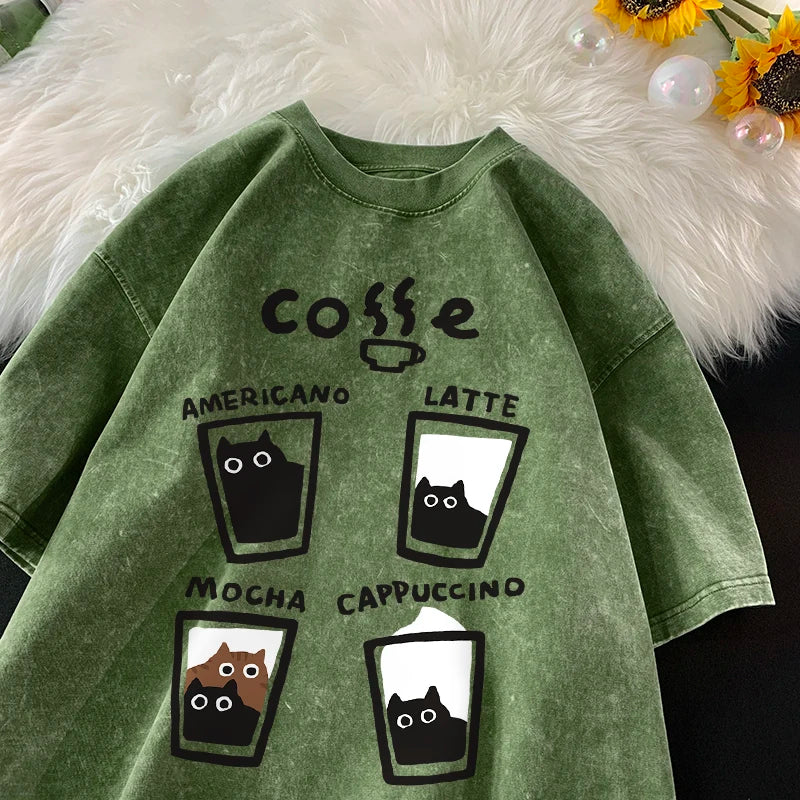 Cat Coffee T-Shirt – Cute Mocha Latte Graphic Tee for Men & Women | Summer Loose Fit Cotton