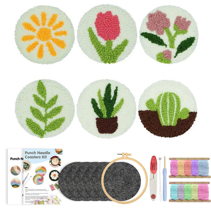 DIY Punch Needle Coaster Set Kit – Make 6 Flower Plant Design Coasters Multiple Design Choice Craft Embroidery