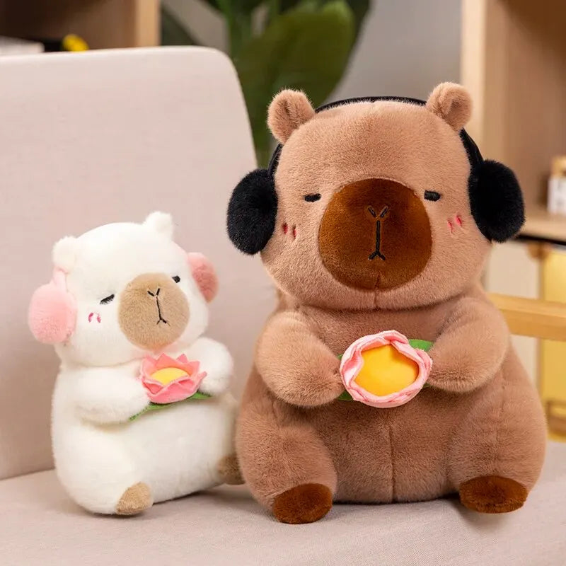 25CM Cute Capybara Plush Toy with Ear Muffs and Flower -  Autumn Winter Seasonal