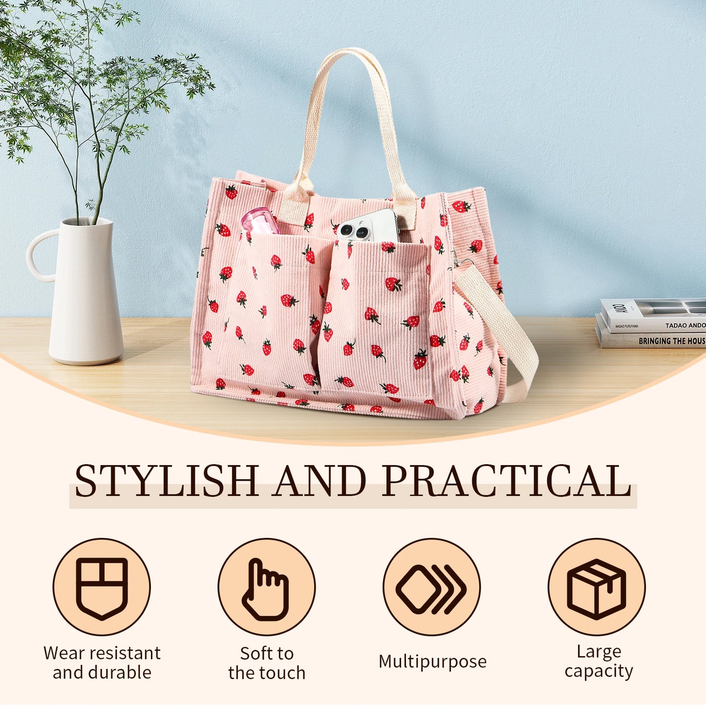 Large Capacity Strawberry Fabric Tote Bag – Adjustable Shoulder Bag for Work, School, Shopping