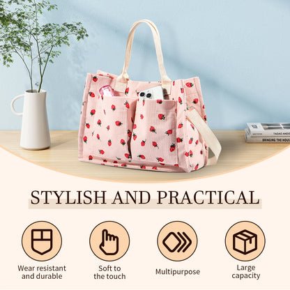 Large Capacity Strawberry Fabric Tote Bag – Adjustable Shoulder Bag for Work, School, Shopping