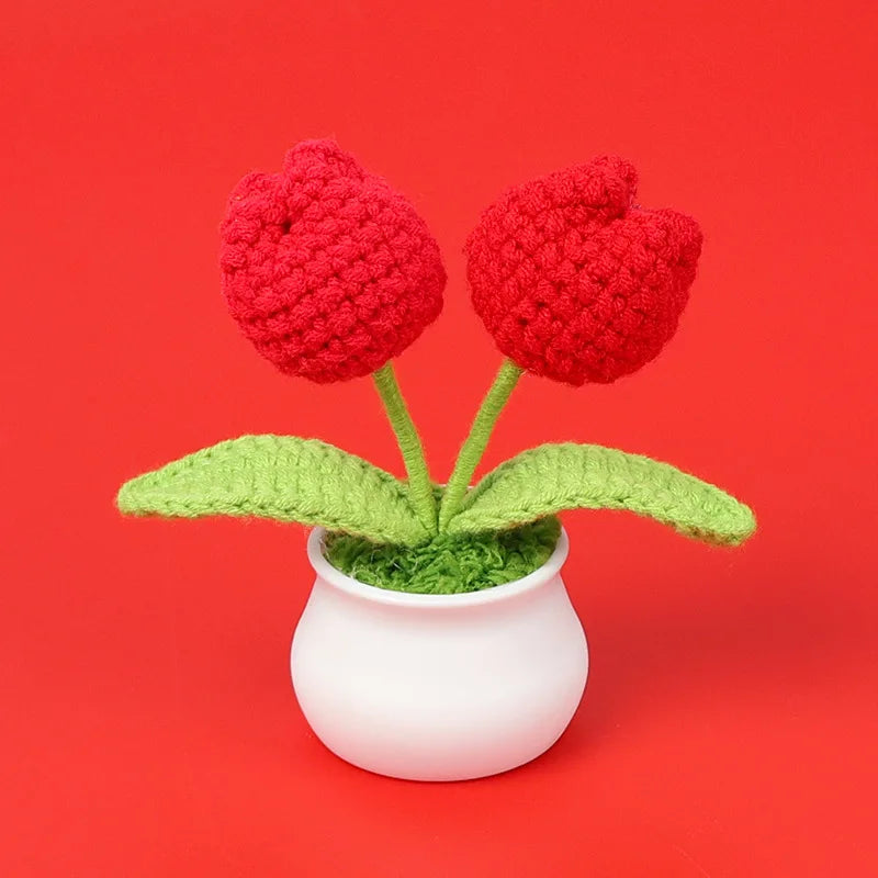 Crochet Knitted Artificial Flower Plant in Pot - Hand Woven Potted Desk Desktop Home Decor Gift Ornament