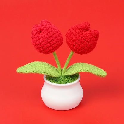Crochet Knitted Artificial Flower Plant in Pot - Hand Woven Potted Desk Desktop Home Decor Gift Ornament