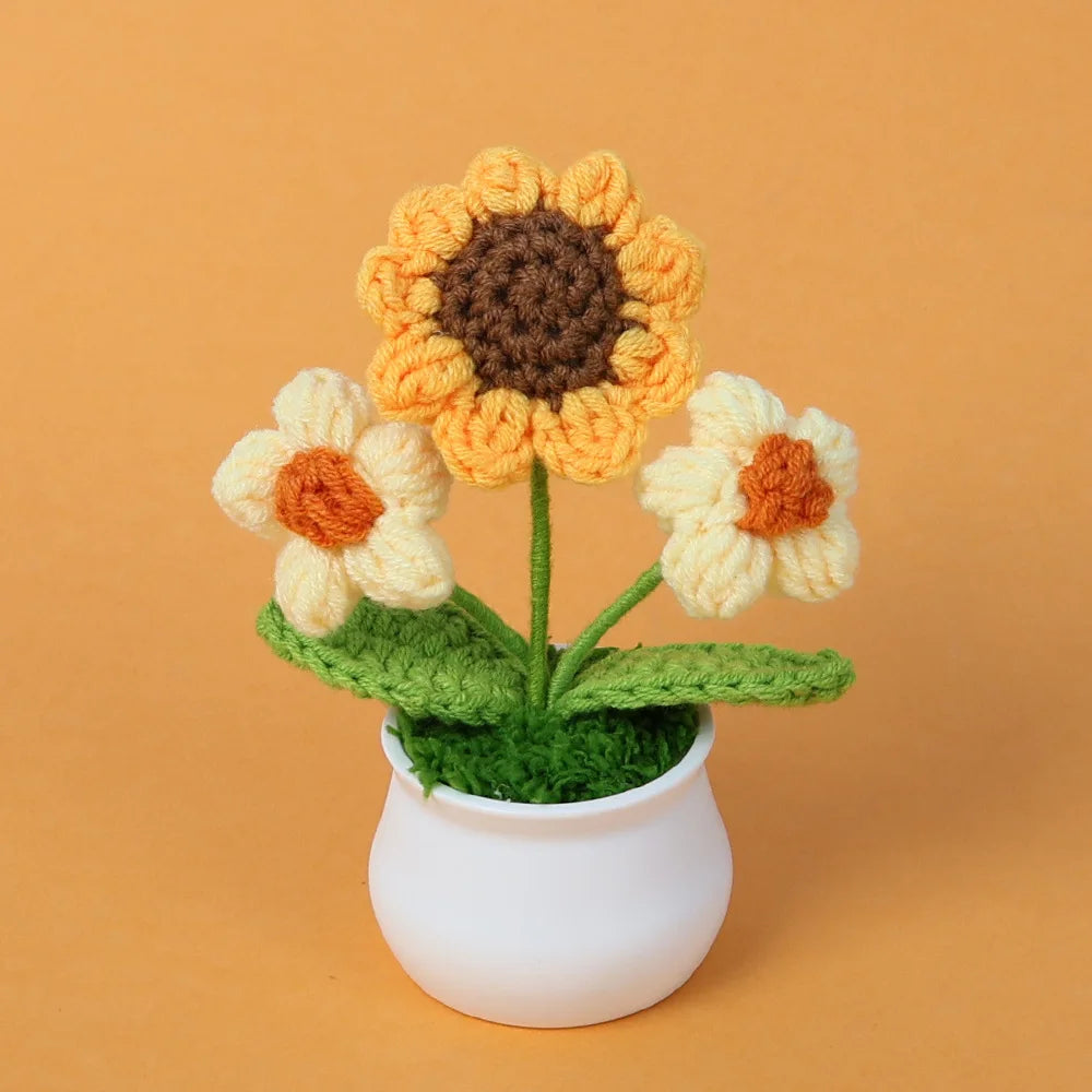 Crochet Knitted Artificial Flower Plant in Pot - Hand Woven Potted Desk Desktop Home Decor Gift Ornament