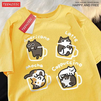 Cat Coffee T-Shirt – Cute Mocha Latte Graphic Tee for Men & Women | Summer Loose Fit Cotton