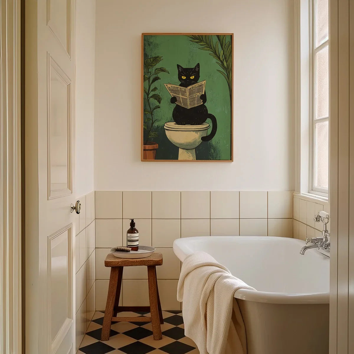 Funny Black Cat Bathroom Poster Set – Retro Canvas Animal Wall Art for Bathroom or Home Décor