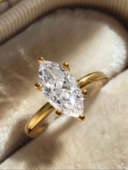925 Sterling Silver / Golden Ring with Marquise Navette Shape Zircon Gemstone – Womens Elegant Engagement Wedding Promise Band