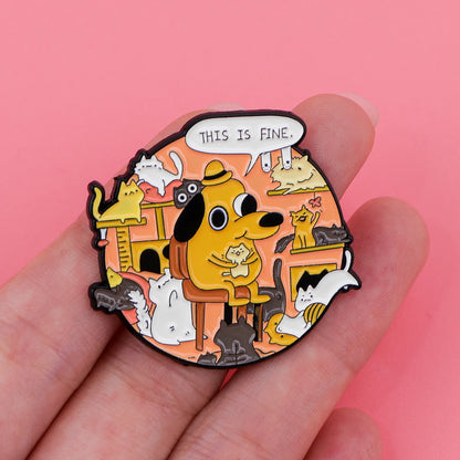 This Is Fine Meme Dog Enamel Pin – Funny Chaos Badge for Bags Jackets