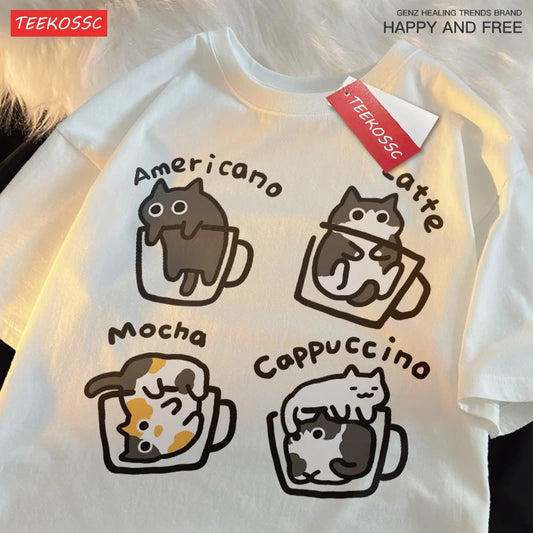 Cat Coffee T-Shirt – Cute Mocha Latte Graphic Tee for Men & Women | Summer Loose Fit Cotton