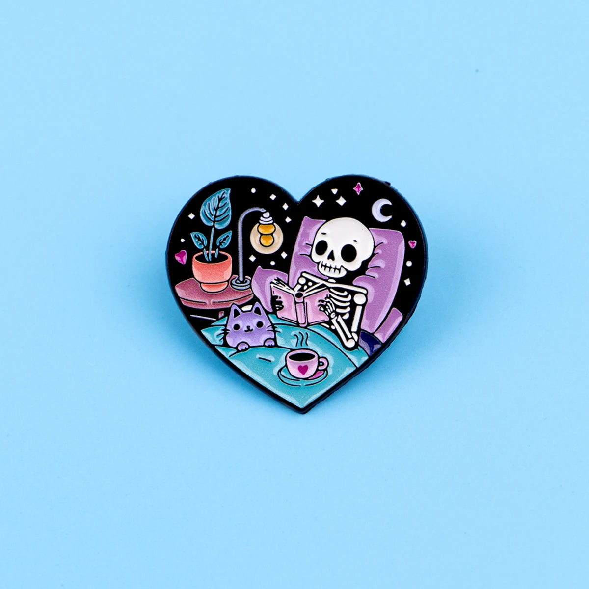 Skeleton and Cat Reading Cute Enamel Pin Badge Brooch Lapel Backpack Clothing Accessories Book Lover