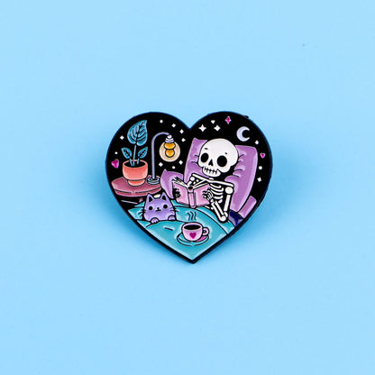 Skeleton and Cat Reading Cute Enamel Pin Badge Brooch Lapel Backpack Clothing Accessories Book Lover
