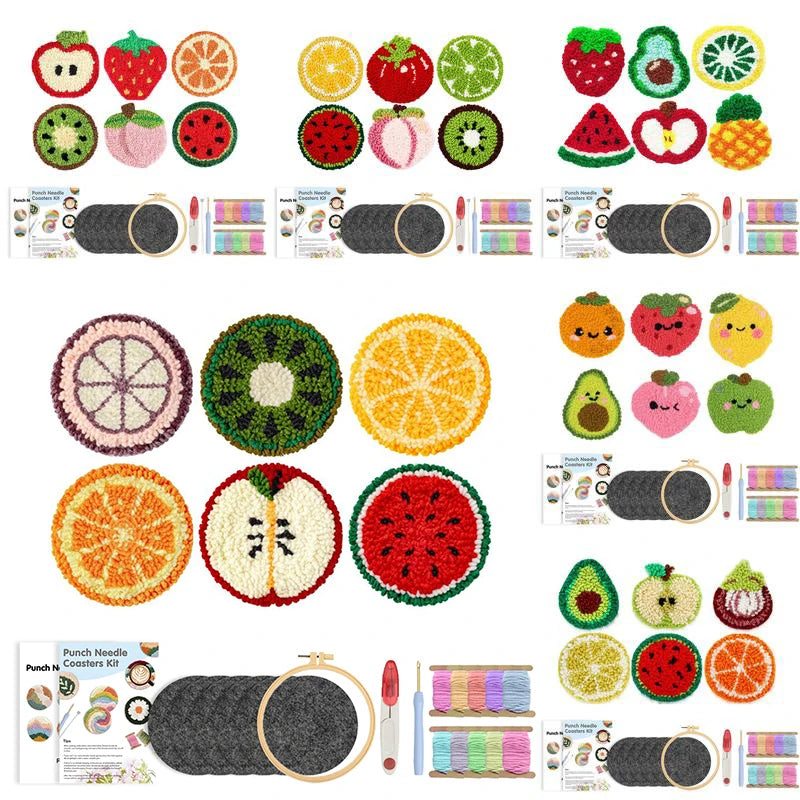 DIY Punch Needle Coaster Set Kits – Make 6 Fruit Design Coasters Multiple Design Choice Craft Embroidery