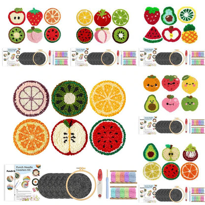 DIY Punch Needle Coaster Set Kits – Make 6 Fruit Design Coasters Multiple Design Choice Craft Embroidery