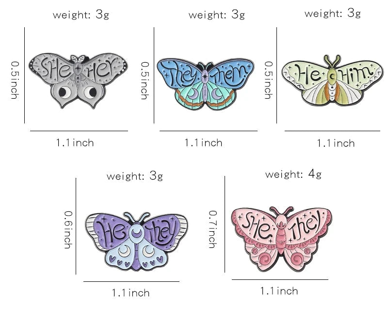 Butterfly Moth Pronouns Enamel Pin Badge SHE HER HE HIM THEY THEM Brooches