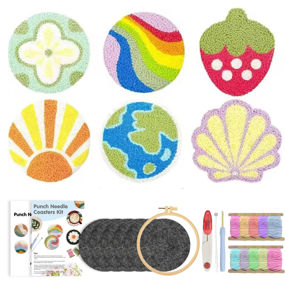 DIY Punch Needle Coaster Set Kit – Make 6 Flower Plant Design Coasters Multiple Design Choice Craft Embroidery