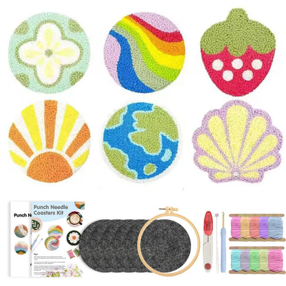 DIY Punch Needle Coaster Set Kit – Make 6 Flower Plant Design Coasters Multiple Design Choice Craft Embroidery