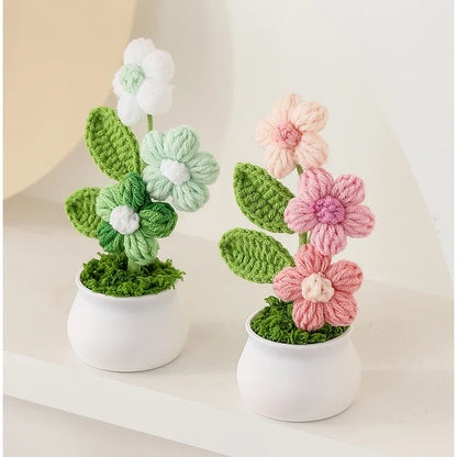 Crochet Knitted Artificial Flower Plant in Pot - Hand Woven Potted Desk Desktop Home Decor Gift Ornament
