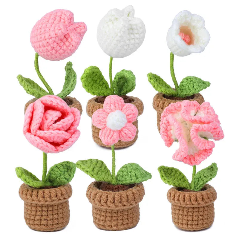 DIY Crochet Potted Flower Kit – Make 6 Plants Yellow / Red / Pink Flowers