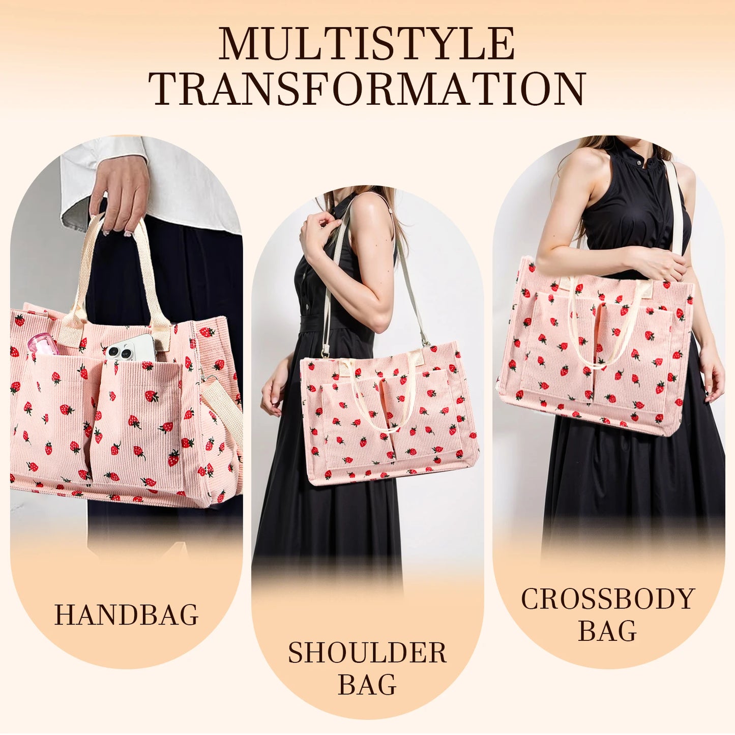 Large Capacity Strawberry Fabric Tote Bag – Adjustable Shoulder Bag for Work, School, Shopping