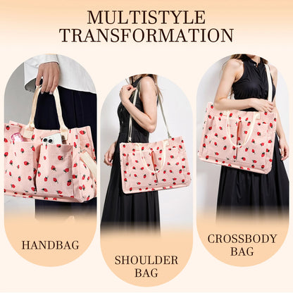 Large Capacity Strawberry Fabric Tote Bag – Adjustable Shoulder Bag for Work, School, Shopping