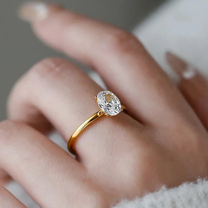 925 Sterling Silver / Golden Ring with Oval Zircon Gemstone – Womens Elegant Engagement Wedding Promise Band
