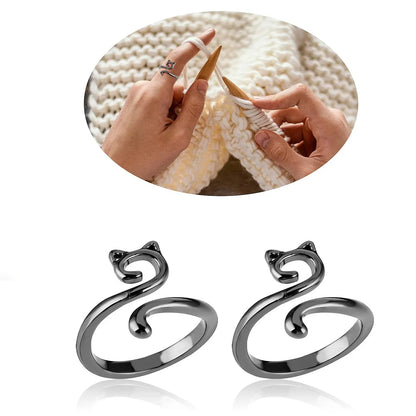 Set of 2 Adjustable Knitting Crochet Ring Cat Design Open Yarn Guide Tension Ring Faster Knitting