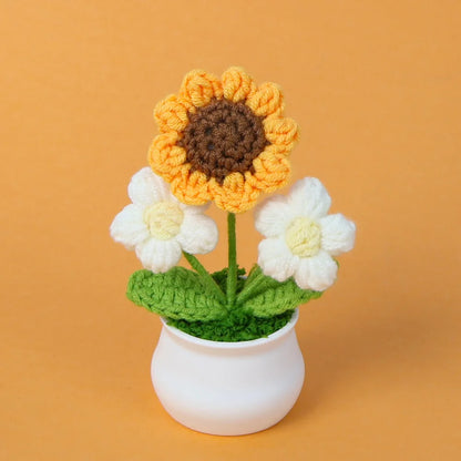 Crochet Knitted Artificial Flower Plant in Pot - Hand Woven Potted Desk Desktop Home Decor Gift Ornament
