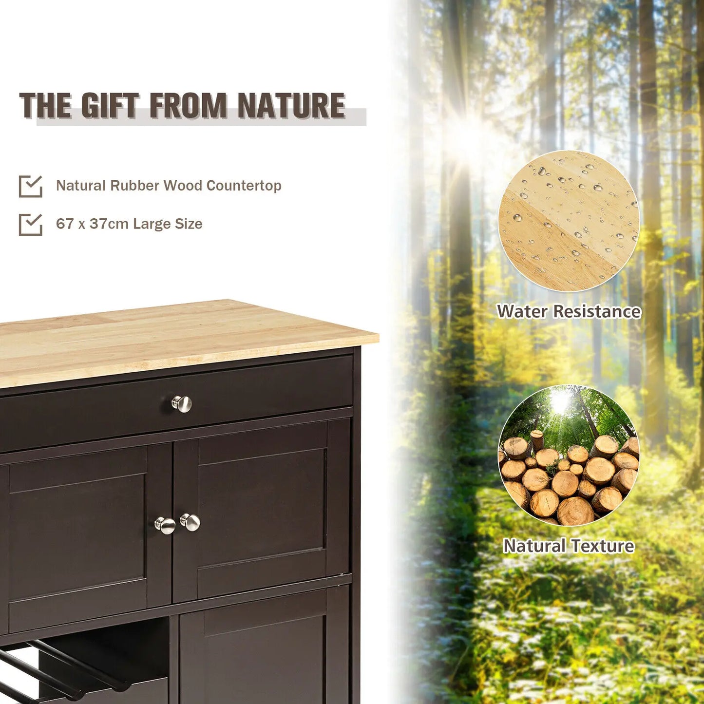 Rolling Kitchen Trolley Cart with Storage Cabinet & Wine Rack – 3-Tier Island on Wheels with Drawer