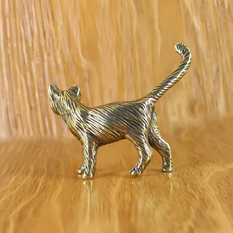 Mini Brass Copper Metal Cat Figurine – Desk Buddy Ornament Collectible