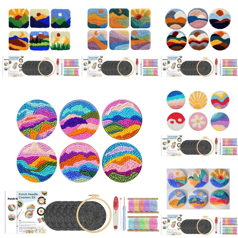 DIY Punch Needle Coaster Set Kit – Make 6 Scenery Landscape Design Coasters Multiple Design Choice Craft Embroidery