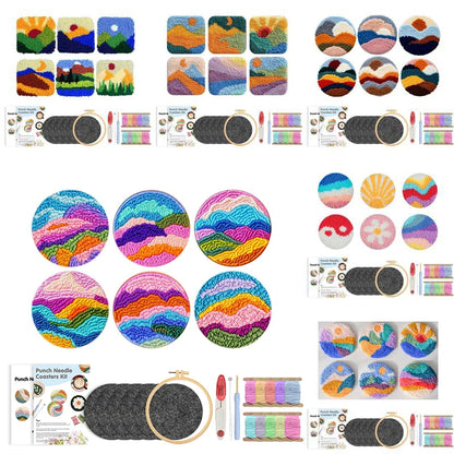 DIY Punch Needle Coaster Set Kit – Make 6 Scenery Landscape Design Coasters Multiple Design Choice Craft Embroidery