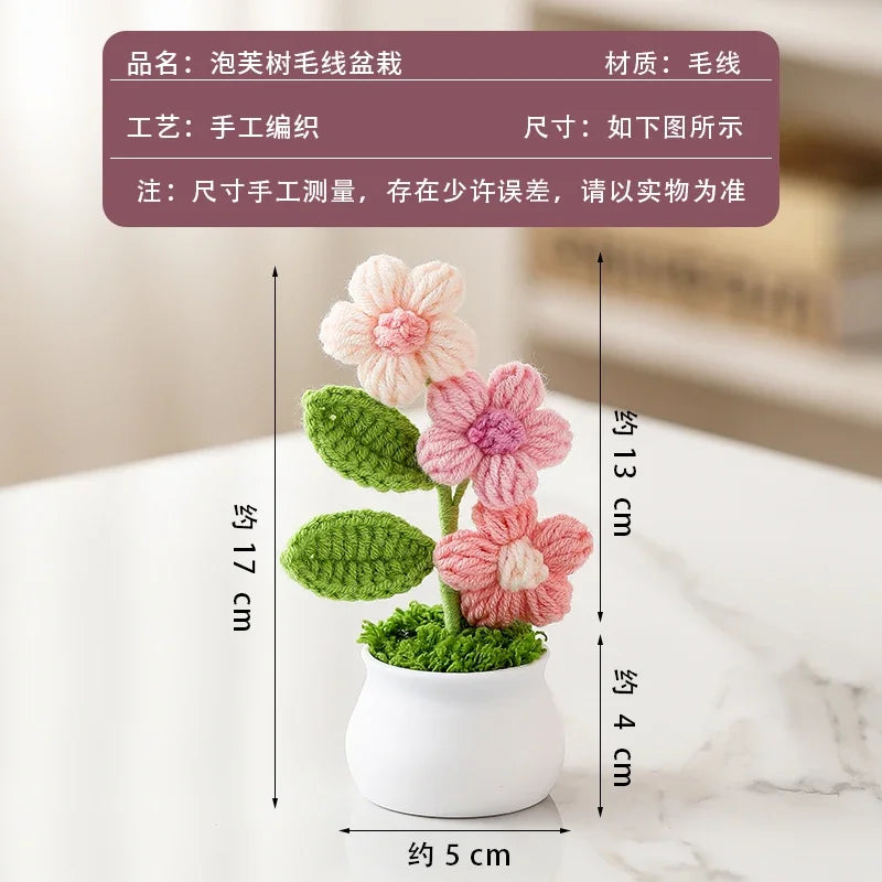 Crochet Knitted Artificial Flower Plant in Pot - Hand Woven Potted Desk Desktop Home Decor Gift Ornament