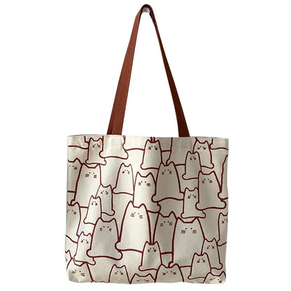 Large Capacity Cat Print Canvas Tote Bag – Beige or Black Stylish Handbag