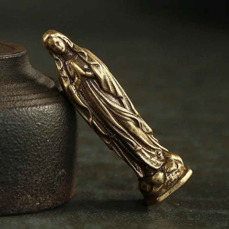 Mini Brass Copper Metal Blessed Holy Mother Mary Figurine – Desk Ornament Collectible