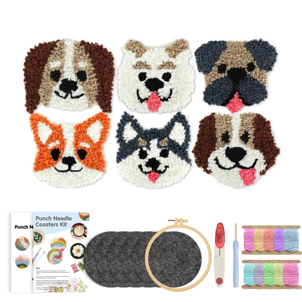 DIY Punch Needle Coaster Set Kit – Make 6 Dog Design Coasters Multiple Design Choice Craft Embroidery