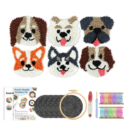 DIY Punch Needle Coaster Set Kit – Make 6 Dog Design Coasters Multiple Design Choice Craft Embroidery