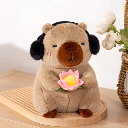 25CM Cute Capybara Plush Toy with Ear Muffs and Flower -  Autumn Winter Seasonal