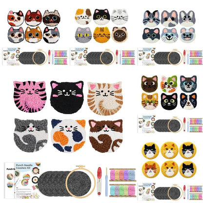 DIY Punch Needle Coaster Kit Set – Make 6 Cat Animal Coasters Craft Embroidery