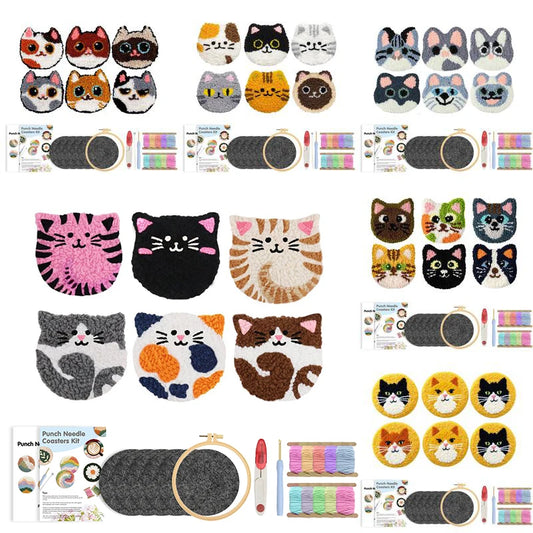 DIY Punch Needle Coaster Kit Set – Make 6 Cat Animal Coasters Craft Embroidery
