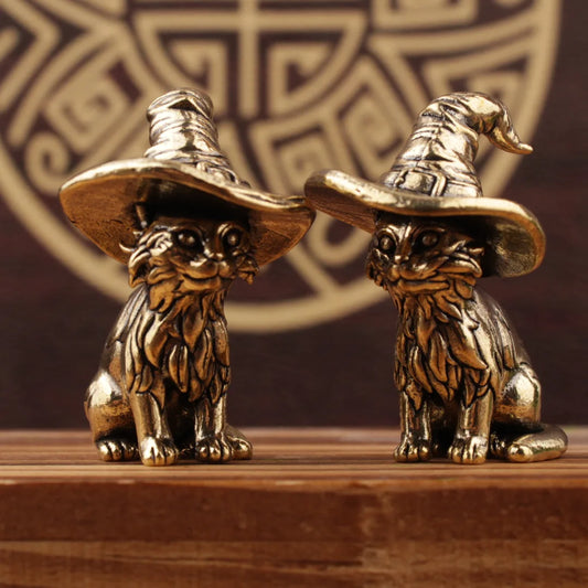 Mini Brass Copper Metal Sorcerer Cat Figurine – Desk Buddy Ornament Collectible
