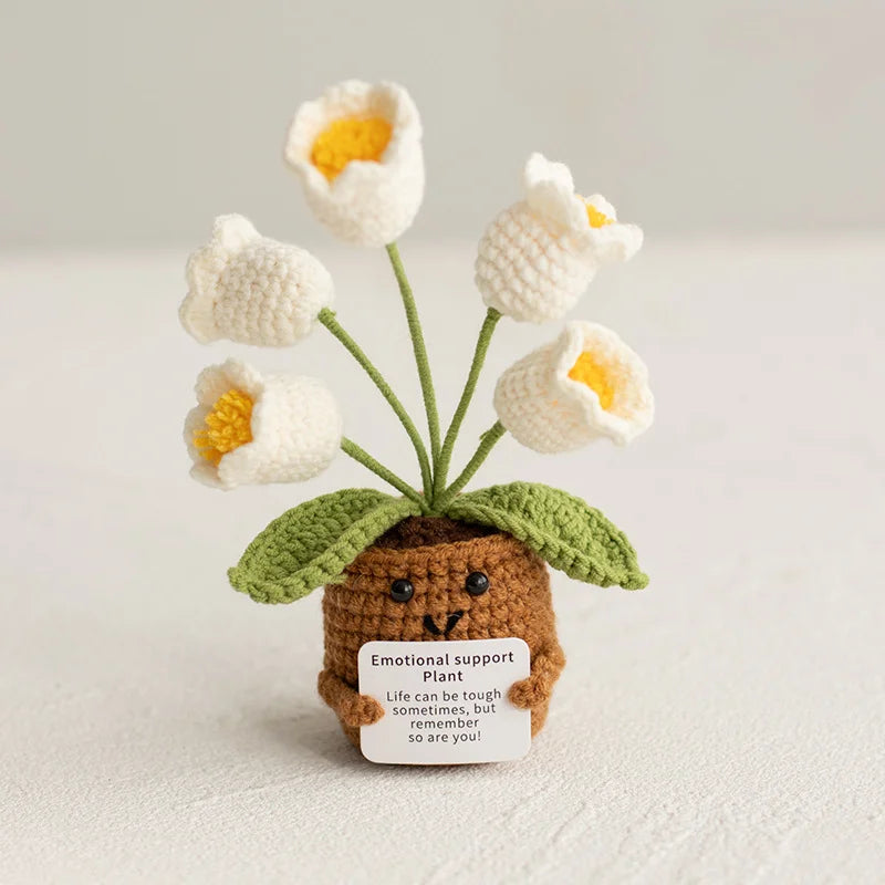 Crochet Knitted Flower Plant Pot - Desktop Emotional Support Gift Positivity Words of Encouragement Ornament - Perfect Gift