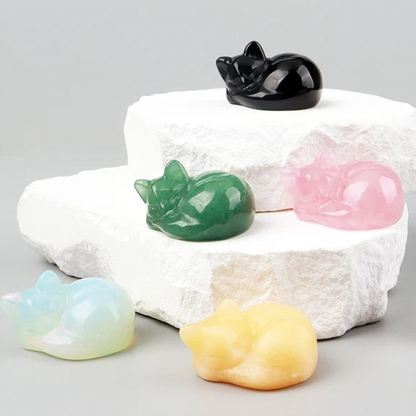Crystal Sleeping Cat Figurines – Hand-Carved Natural Stone Animal Cats Figures for Chakra Energy Healing & Home Décor