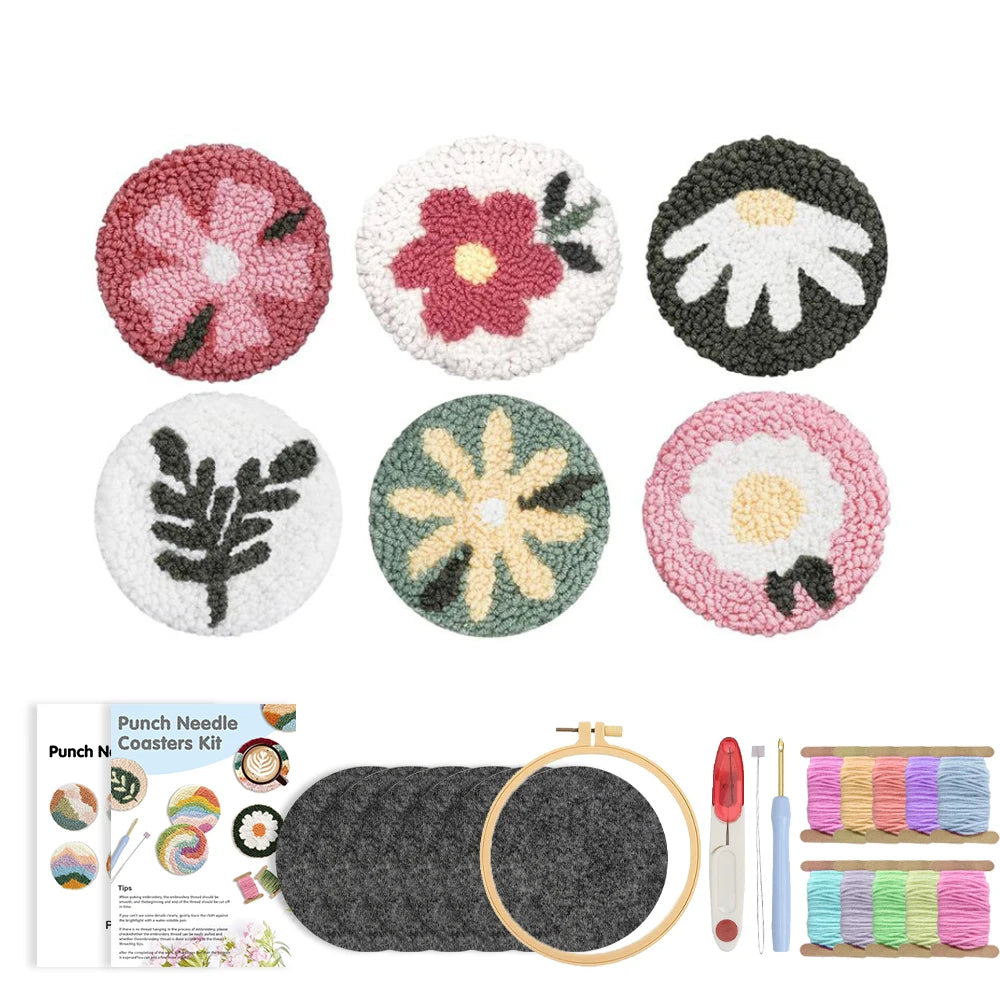 DIY Punch Needle Coaster Set Kit – Make 6 Flower Plant Design Coasters Multiple Design Choice Craft Embroidery