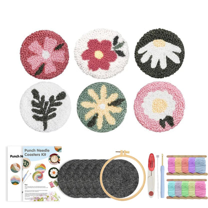 DIY Punch Needle Coaster Set Kit – Make 6 Flower Plant Design Coasters Multiple Design Choice Craft Embroidery